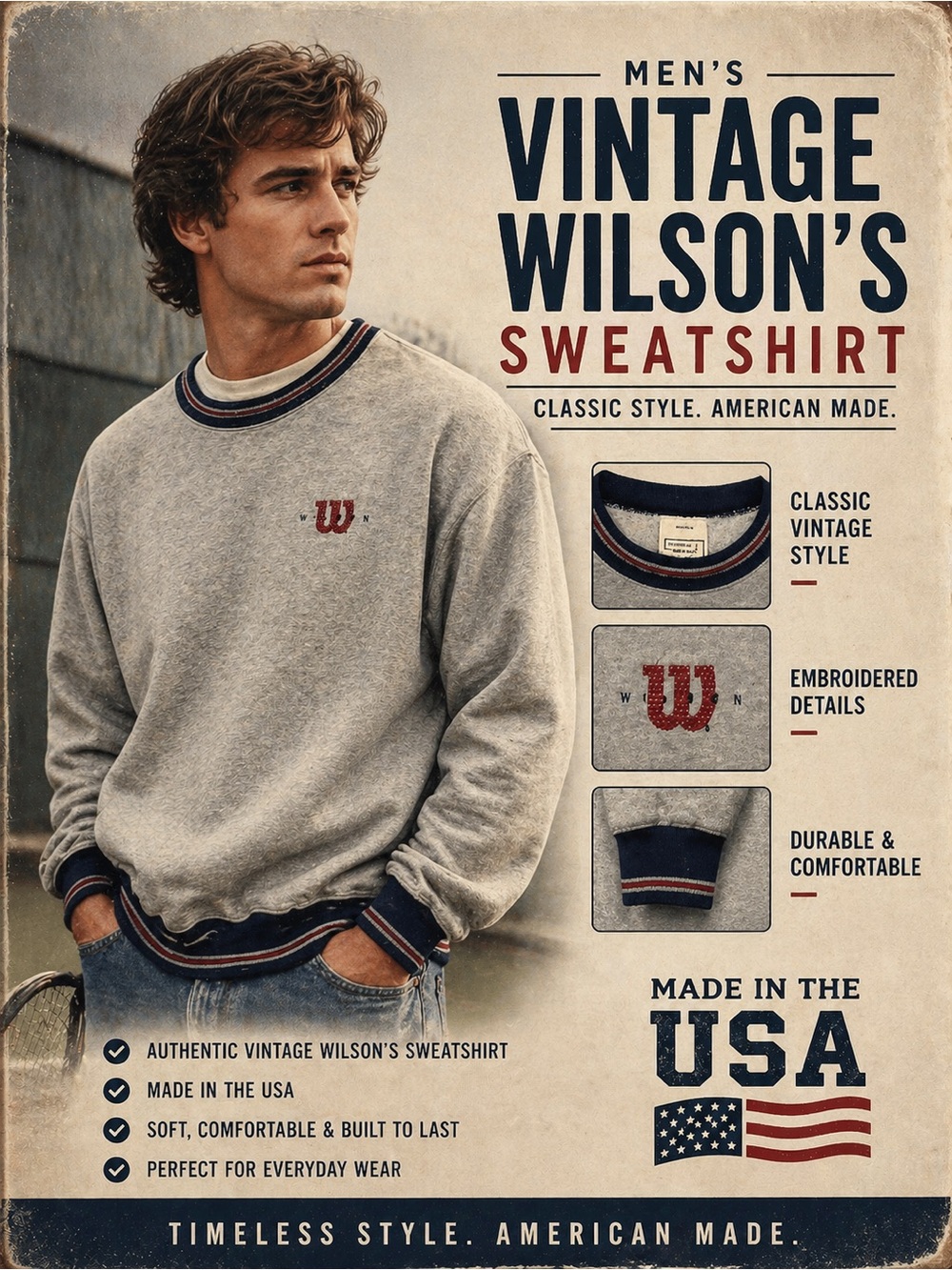 Wilson Men's Vintage Crewneck Sweatshirt - Gray with Navy & Red Trim large